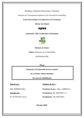 Diagnostic d'un immeuble du tissu colonial sis au 20 Rue Abbane Ramdane En cours de réhabilitation Diagnostic d'un immeuble du tissu colonial sis au 20 Rue Abbane Ramdane En cours de réhabilitation