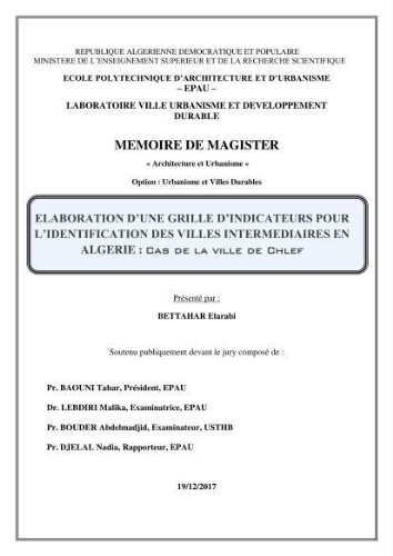 Elaboration d'une grille d'indicateurs pour l'identification des villes intermediaires en Algérie Elaboration d'une grille d'indicateurs pour l'identification des villes intermediaires en Algérie