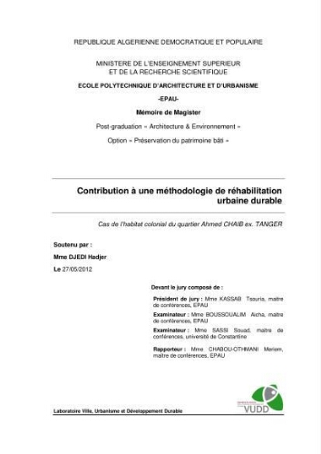 Contribution à une méthodologie de réhabilitation urbaine durable Contribution à une méthodologie de réhabilitation urbaine durable