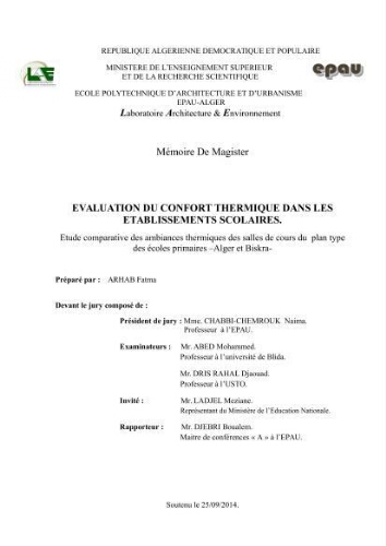 Evaluation du confort thermique dans les établissements scolaires. Evaluation du confort thermique dans les établissements scolaires.