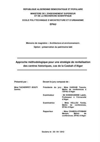 Approche Méthodologique pour une Stratégie de Revitalisation des Centre Historiqes Approche Méthodologique pour une Stratégie de Revitalisation des Centre Historiqes
