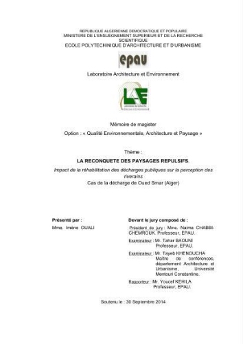 La Reconquête des paysages répulsifs. Impact de la réhabilitation des décharges publiques sur la perception des riverains La Reconquête des paysages répulsifs. Impact de la réhabilitation des décharges publiques sur la perception des riverains