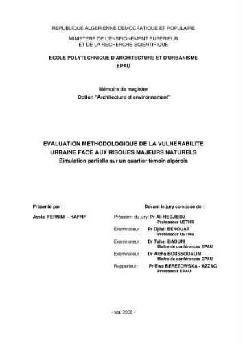 Evaluation méthodologique de la vulnérabilité urbaine face aux risques majeurs naturels Evaluation méthodologique de la vulnérabilité urbaine face aux risques majeurs naturels