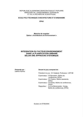 Intégration du facteur environnement dans la planification urbaine selon une approche systémique Intégration du facteur environnement dans la planification urbaine selon une approche systémique