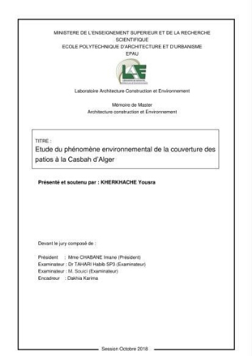 Etude du phénomène environnemental de la couverture des patio à la Casbah d'Alger Etude du phénomène environnemental de la couverture des patio à la Casbah d'Alger