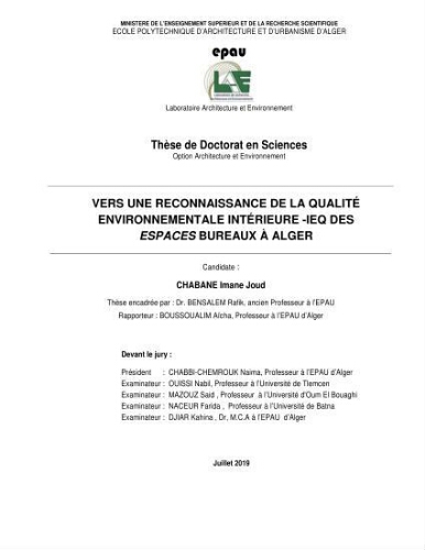 Vers une reconnaissance de la qualité environnementale intérieure-IEQ des espaces bureaux à Alger Vers une reconnaissance de la qualité environnementale intérieure-IEQ des espaces bureaux à Alger