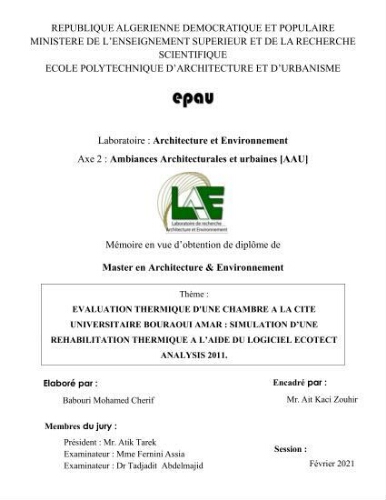 Evaluation thermique d'une chambre a la cité universitaire Bouraoui Amar Evaluation thermique d'une chambre a la cité universitaire Bouraoui Amar