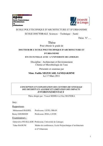 Conception et exploitation des centres de stockage des déchets en Algerie et I'imitation des impacts environnementaux Conception et exploitation des centres de stockage des déchets en Algerie et I'imitation des impacts environnementaux