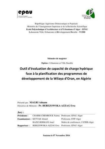 Outil d'évaluation de capacité de charge hydrique face a la planification des programmes de développement de la wilaya d'Oran,en Algerie Outil d'évaluation de capacité de charge hydrique face a la planification des programmes de développement de la wilaya d'Oran,en Algerie