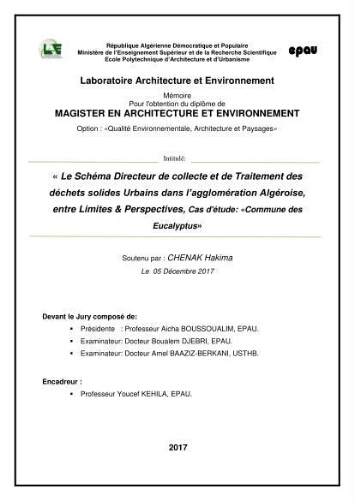 Le Schéma directeur de collecte de traitement des déchets solide urbains dans l'agglomération Algéroise, entre limites et perspectives, Le Schéma directeur de collecte de traitement des déchets solide urbains dans l'agglomération Algéroise, entre limites et perspectives,