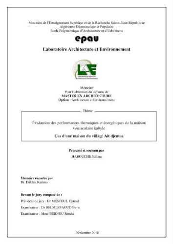 Evaluation des performances thermiques et énergétiques de la maison vernaculaire Kabyle Evaluation des performances thermiques et énergétiques de la maison vernaculaire Kabyle