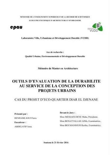Outils d'évaluation de la durabilité au service de la conception des projets urbains Outils d'évaluation de la durabilité au service de la conception des projets urbains