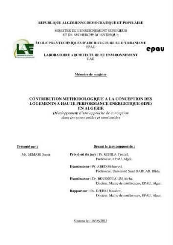 Contribution méthodologique à la conception des logements a haute performance énergiquement (HPE) en Algérie Contribution méthodologique à la conception des logements a haute performance énergiquement (HPE) en Algérie