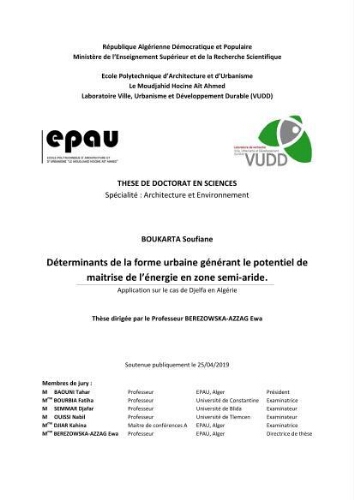 Déterminants de la forme urbaine générant le potentiel de maîtrise de l'énergie en zone semi-aride Déterminants de la forme urbaine générant le potentiel de maîtrise de l'énergie en zone semi-aride
