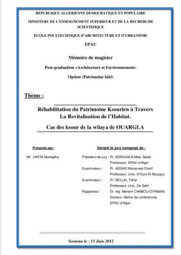 Réhabilitation du pâtrimoine ksourien à travers la revitalisation de l'habitat Réhabilitation du pâtrimoine ksourien à travers la revitalisation de l'habitat