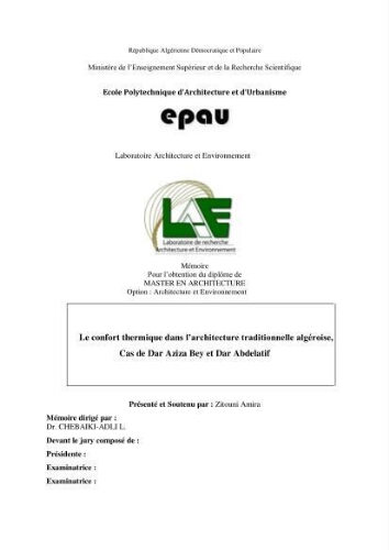 Le Confort thermique dans l'architecture traditionnelle algéroise Le Confort thermique dans l'architecture traditionnelle algéroise