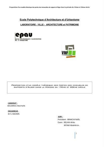 Proposition d’un modèle théorique des portes des immeubles de rapports d’Alger dans la période du 19éme et 20éme siècle Proposition d’un modèle théorique des portes des immeubles de rapports d’Alger dans la période du 19éme et 20éme siècle