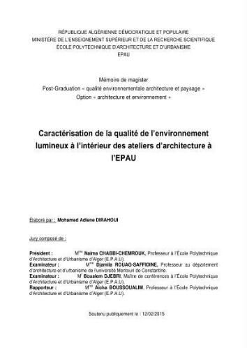 Caractérisation de la qualité de l'environnement lumineux à l’intérieur des ateliers d'architecture à l'EPAU. Caractérisation de la qualité de l'environnement lumineux à l’intérieur des ateliers d'architecture à l'EPAU.