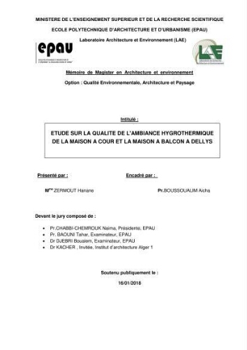 Etude sur la qualité de l'ambiance hygrothermique da la maison à cour et la maison à balcon à Dellys Etude sur la qualité de l'ambiance hygrothermique da la maison à cour et la maison à balcon à Dellys