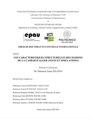 Les Caractéristiques structurelles des maisons de la Casbah d'Alger ( Tests et simulations) Les Caractéristiques structurelles des maisons de la Casbah d'Alger ( Tests et simulations)