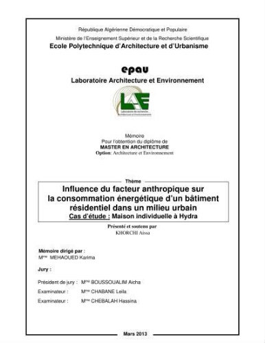 Influence du facteur anthropique sur la consommation énergétique d'un bâtiment résidentiel dans un milieu urbain Influence du facteur anthropique sur la consommation énergétique d'un bâtiment résidentiel dans un milieu urbain