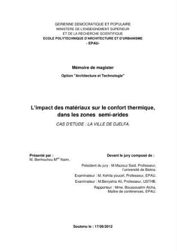 L'impact des matériaux sur le confort thermique , dans les zones semi-arides L'impact des matériaux sur le confort thermique , dans les zones semi-arides