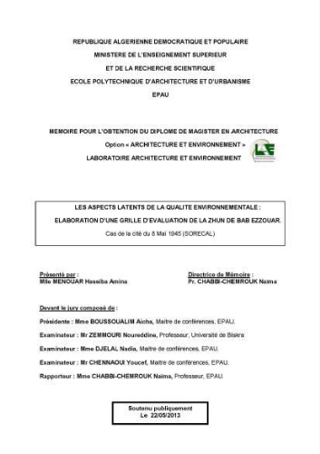 Les Aspects latents de la qualité environnementale: élaboration de la ZHUN de Bab Ezzouar Les Aspects latents de la qualité environnementale: élaboration de la ZHUN de Bab Ezzouar
