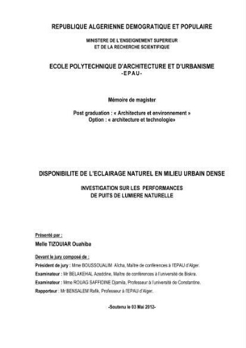Disponibilite de l'eclairage naturel en milieu urbain dense Disponibilite de l'eclairage naturel en milieu urbain dense