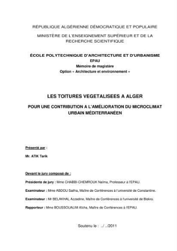 Les Toitures végétalisées a Alger pour une contribution a l'amélioration du microclimat urbain méditerranéen Les Toitures végétalisées a Alger pour une contribution a l'amélioration du microclimat urbain méditerranéen