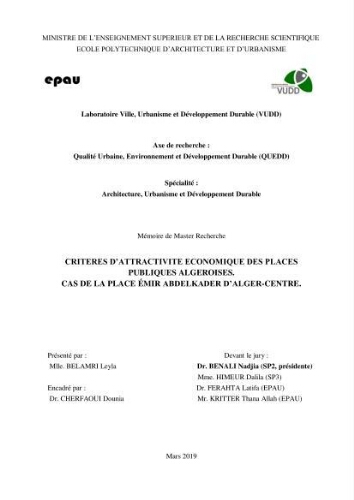 Critères d'attractivité économique des places publiques algéroises Critères d'attractivité économique des places publiques algéroises