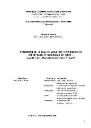 Evaluation de la qualité vécue des environnements hermétiques en mur-rideau de verre Evaluation de la qualité vécue des environnements hermétiques en mur-rideau de verre