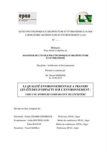 La Qualité environnementale à travers les études d'impacts sur l'environnement La Qualité environnementale à travers les études d'impacts sur l'environnement