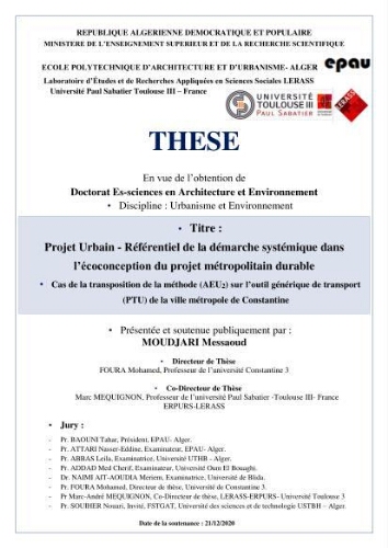 Projet urbain- Référentiel d'une démarche systématique dans la conception d'un projet métropolitain durable Projet urbain- Référentiel d'une démarche systématique dans la conception d'un projet métropolitain durable