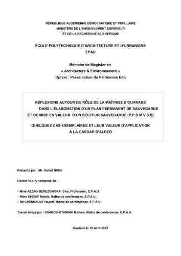 Réflexions autour du rôle de maitrise d'ouvrage dans l'élaboration diun plan permanent de sauvegarde et mise en valeur d'un secteur sauvegardé(P.P.S.M.V.S.S) Réflexions autour du rôle de maitrise d'ouvrage dans l'élaboration diun plan permanent de sauvegarde et mise en valeur d'un secteur sauvegardé(P.P.S.M.V.S.S)