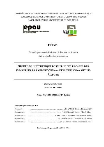 Mesure de l’esthétique formelle des façades des immeubles de rapport ( XIXème-début du XXème siècle ) à Alger Mesure de l’esthétique formelle des façades des immeubles de rapport ( XIXème-début du XXème siècle ) à Alger