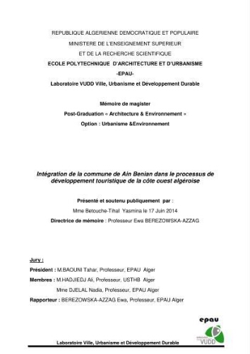 Integration de la commune de Ain Benian dans le processus de développement touristique de l'ouest Algeroise Integration de la commune de Ain Benian dans le processus de développement touristique de l'ouest Algeroise