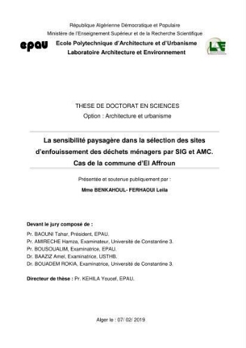 La Sensibilité paysagère dans la sélection des sites d'enfouissement des déchets ménagers par SIG et AMC La Sensibilité paysagère dans la sélection des sites d'enfouissement des déchets ménagers par SIG et AMC