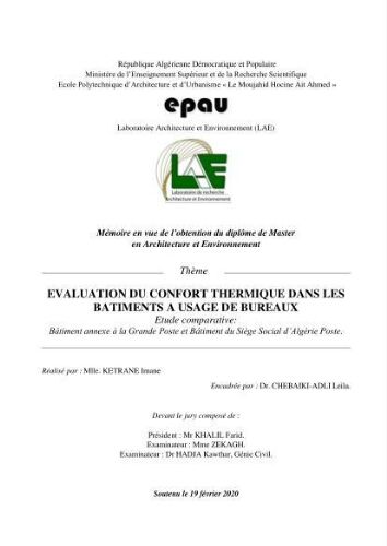 Évaluation du confort thermique dans les bâtiments à usage du bureaux Évaluation du confort thermique dans les bâtiments à usage du bureaux