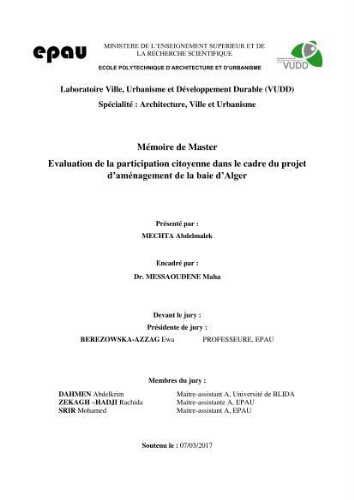 Evaluation de la participation citoyenne dans le cadre du projet d’aménagement de la baie d’Alger Evaluation de la participation citoyenne dans le cadre du projet d’aménagement de la baie d’Alger