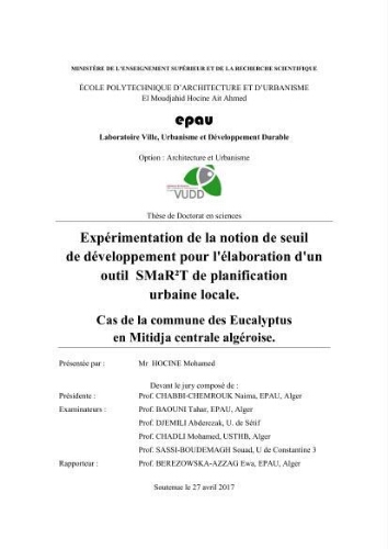 Expérimentation de la notion de seuil de développement pour l'élaboration d'un outil SMART2 T de planification urbaine locale. Expérimentation de la notion de seuil de développement pour l'élaboration d'un outil SMART2 T de planification urbaine locale.